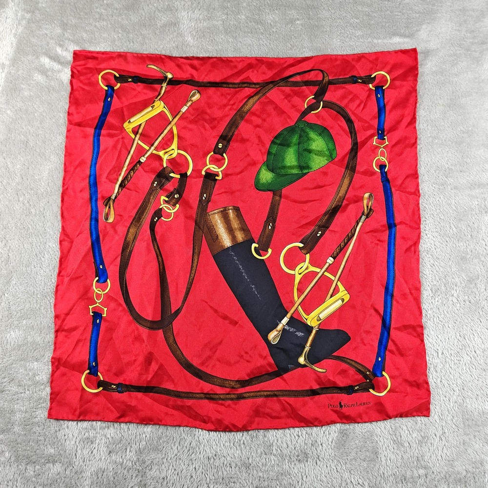 Vintage Polo Ralph Lauren Scarf Womens 17x17 Red Equestrian Horse Silk Square